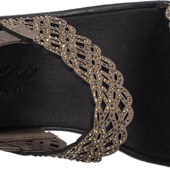 Skechers Cali Tan and Black Wedge Sandals Luxe Foam 10 NWT - Picture 2 of 12